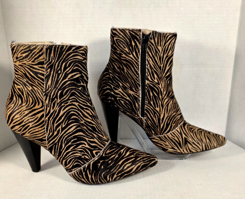 ABLE Tinsley Tiger Print Calf Hair Ankle Boots Pointed Toe Size 10 Brazil